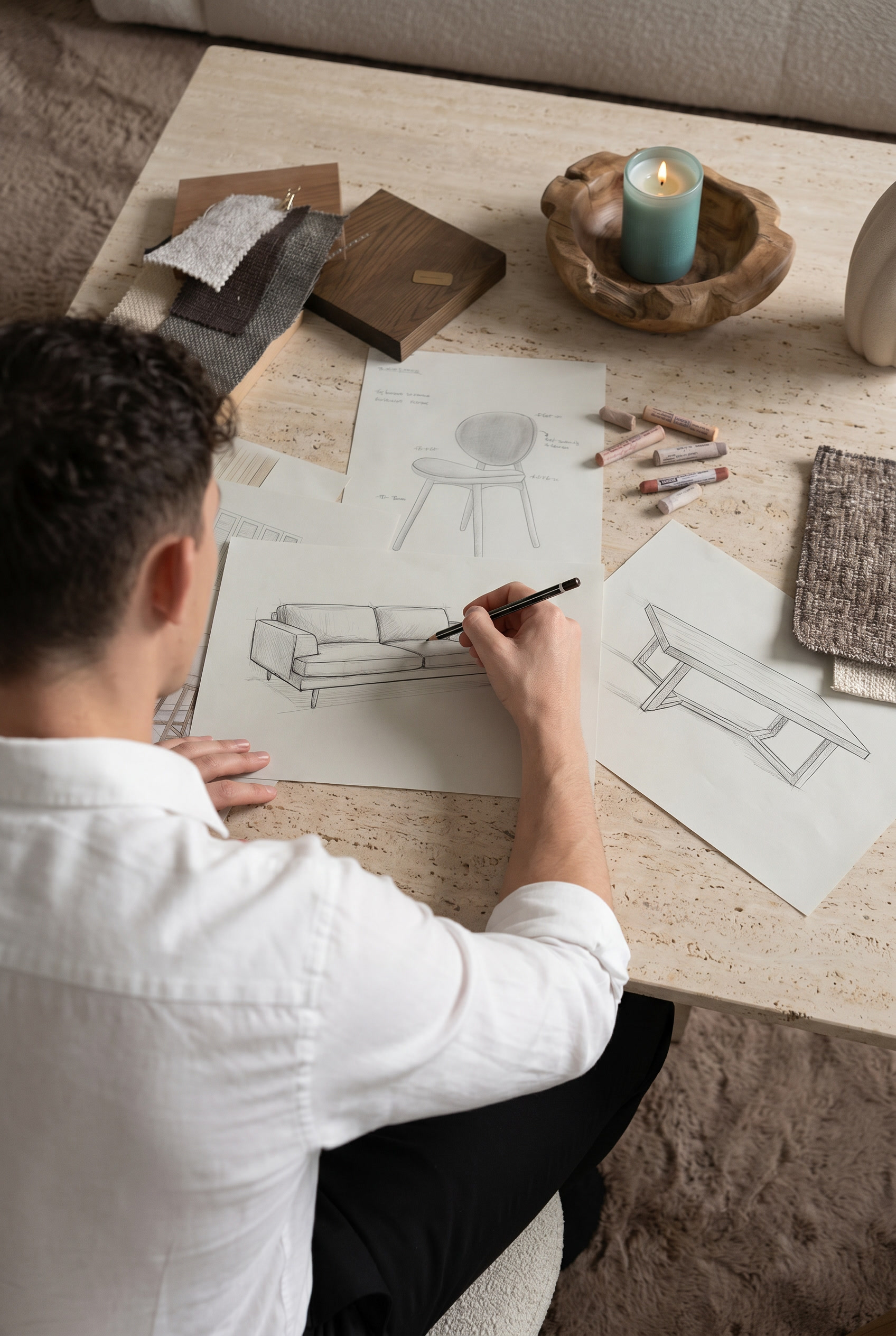 Man sketching a sofa design on paper at a table with other furniture sketches, fabric samples, and a lit candle in a wooden holder.