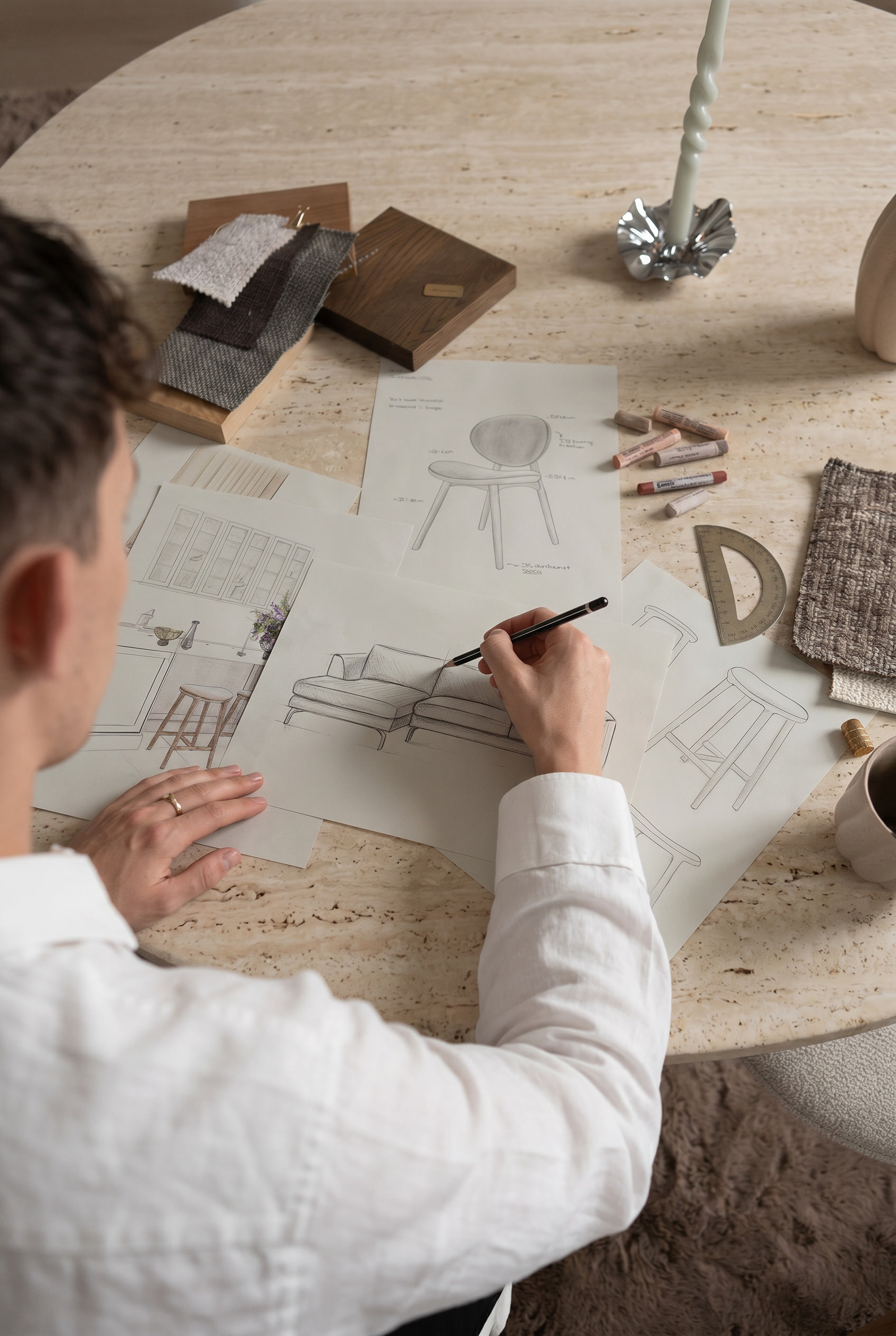 Designer sketching a sofa on paper surrounded by furniture design drawings, fabric samples, and a lit candle on a table.