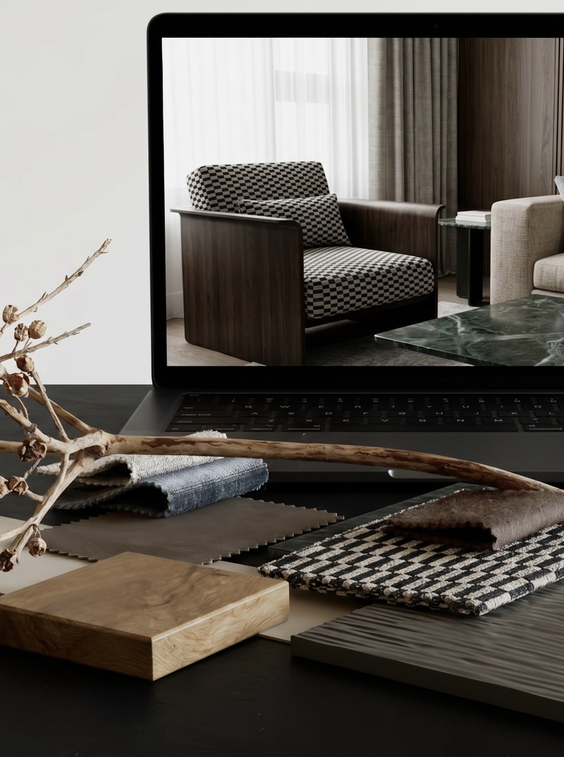 Translucent beige voile fabric draped over various brown and cream stone texture samples on a stone surface.
