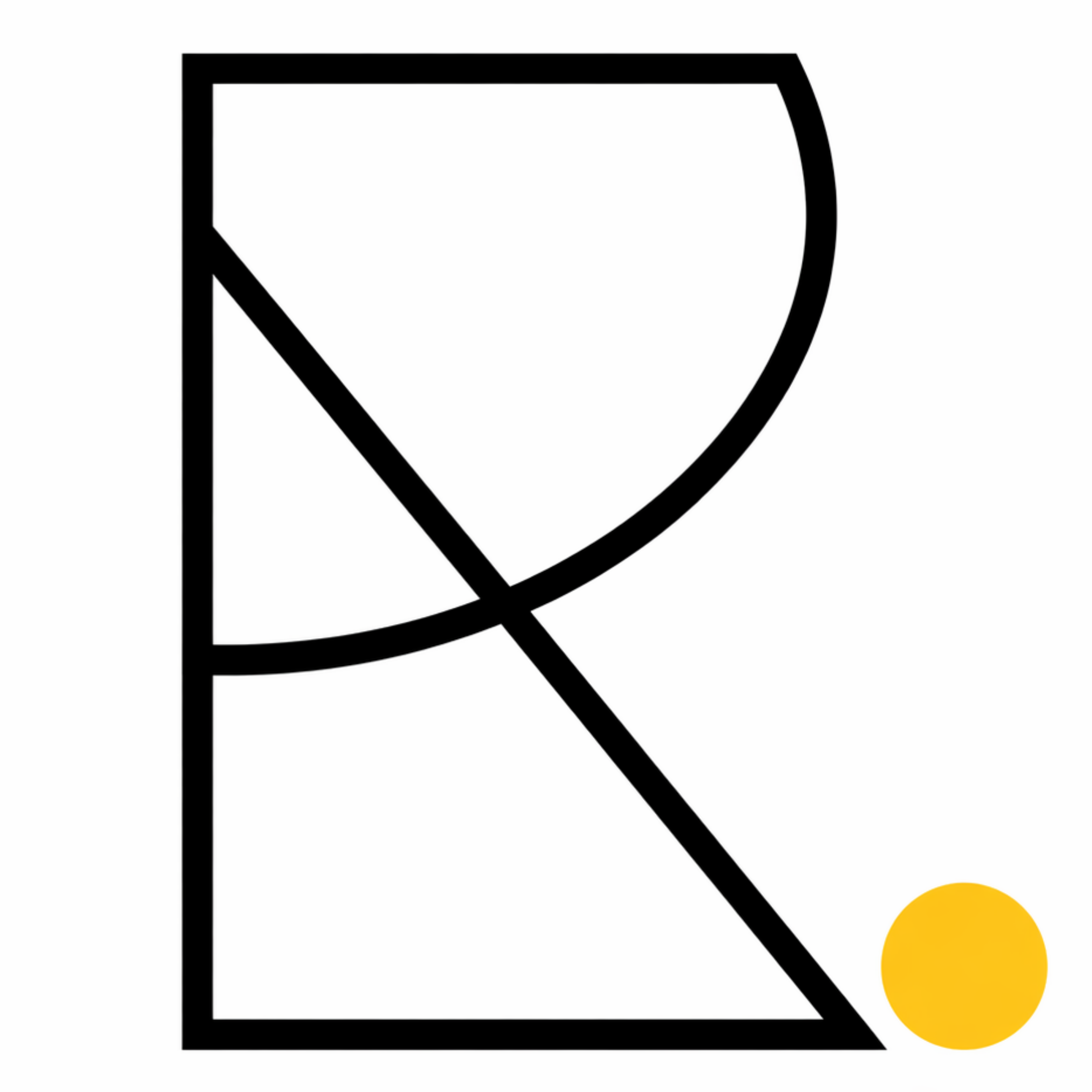 R. Winter Desijn Logo. Abstract black geometric design with a curved right edge, an angled diagonal line crossing inside, and a yellow circle at the bottom right corner.
