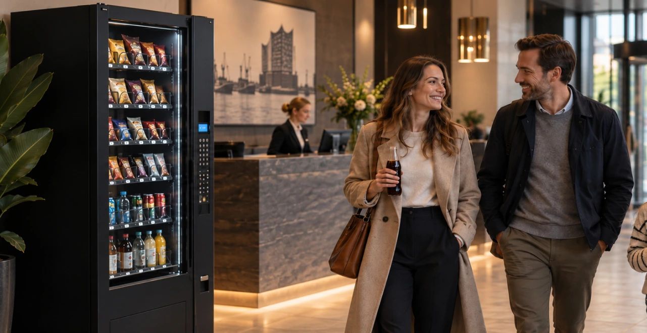 Snackautomat in einem Hotel in Hamburg; eine Familie geht an dem Snackautomaten im Eingangsbereich eines Hamburger Hotels vorbei