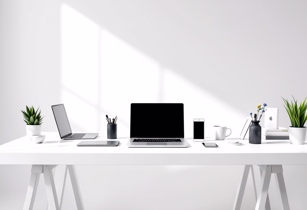 [background image] digital devices on a table (for an ai cybersecurity company)