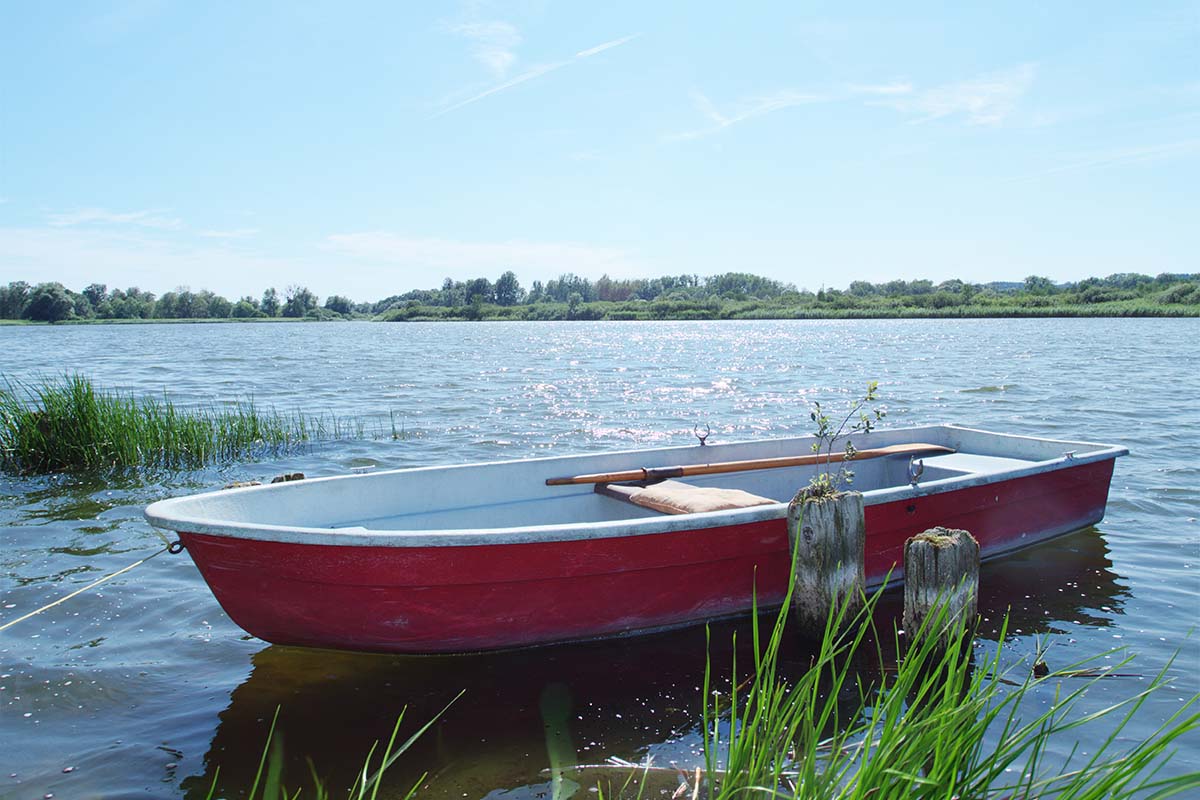 Rotes Ruderboot am Ufer des Teterower Sees in der Mecklenburgischen Schweiz