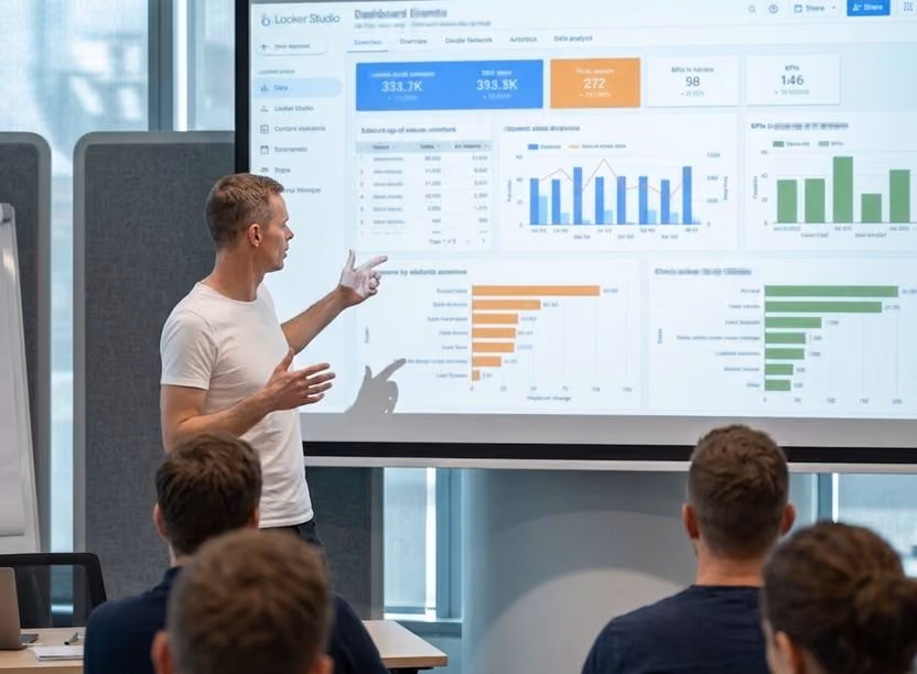 Muž prezentuje data s grafy a statistikami na projekčním plátně před publikem v kanceláři.