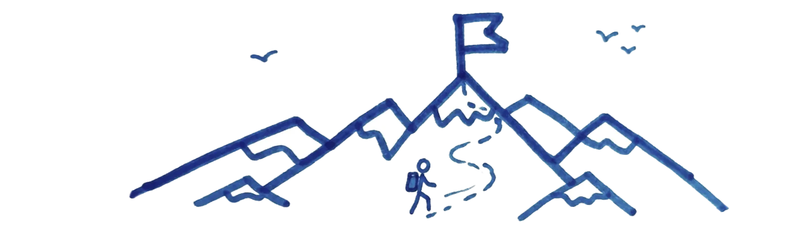 Blue line drawing of mountain peaks with snow, a hiker climbing, and a flag at the summit with birds flying.