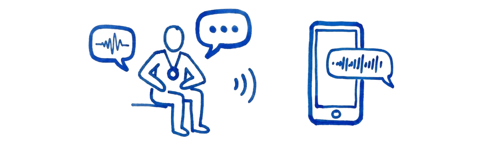 Sketch of person with speech bubbles linked to smartphone showing audio signals and chat icons.