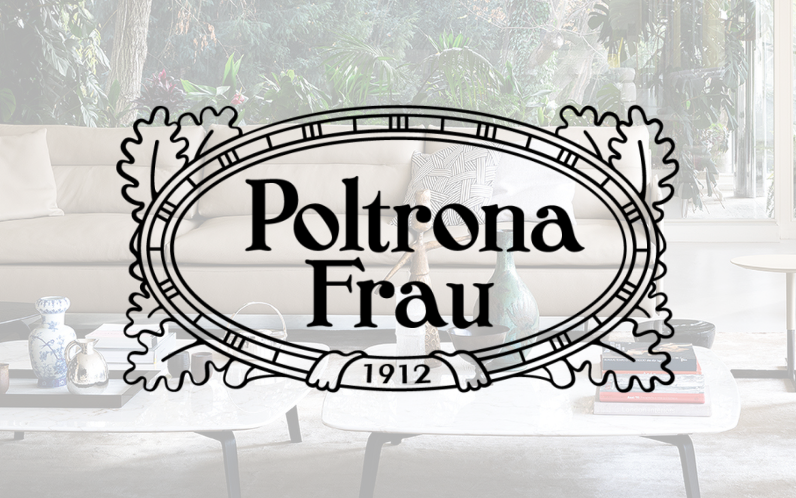 Poltrona Frau logo over a modern luxury living room interior