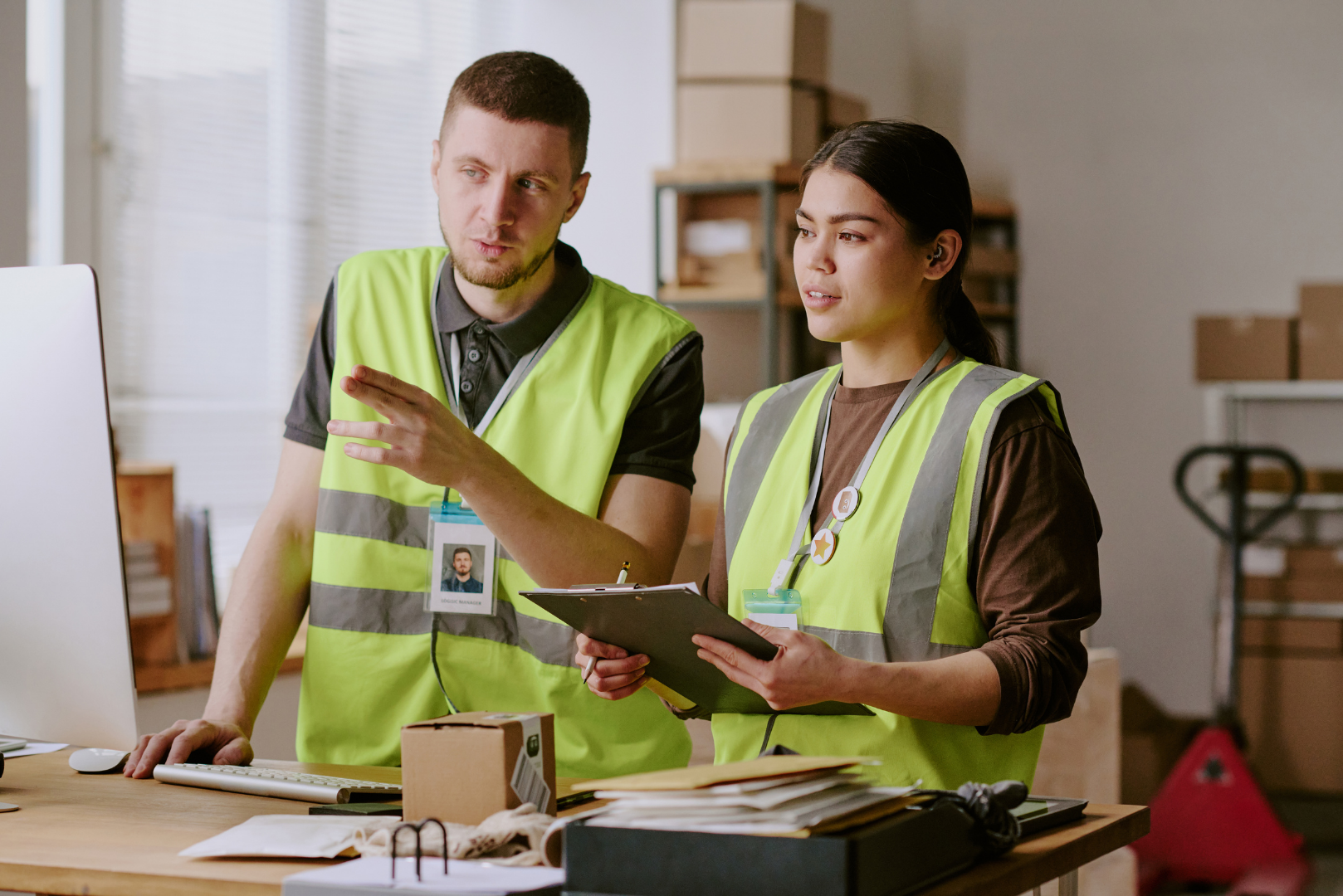 Manufacturing logistics staff analyzing warehouse data and documents on computer