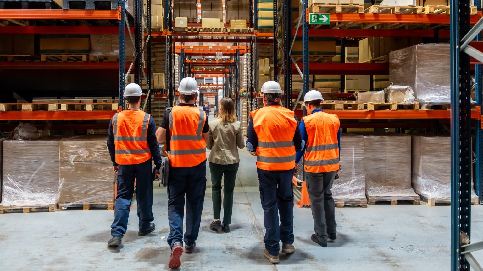 Manufacturing operations team walking through warehouse discussing logistics and supply chain operations