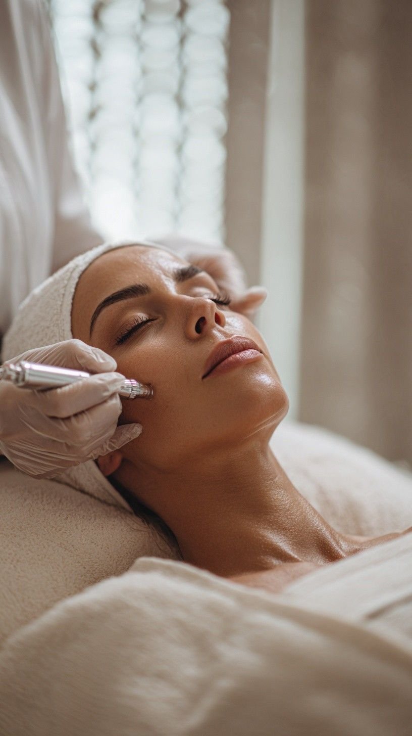 Person receiving a facial treatment with a handheld device on their cheek at a spa.