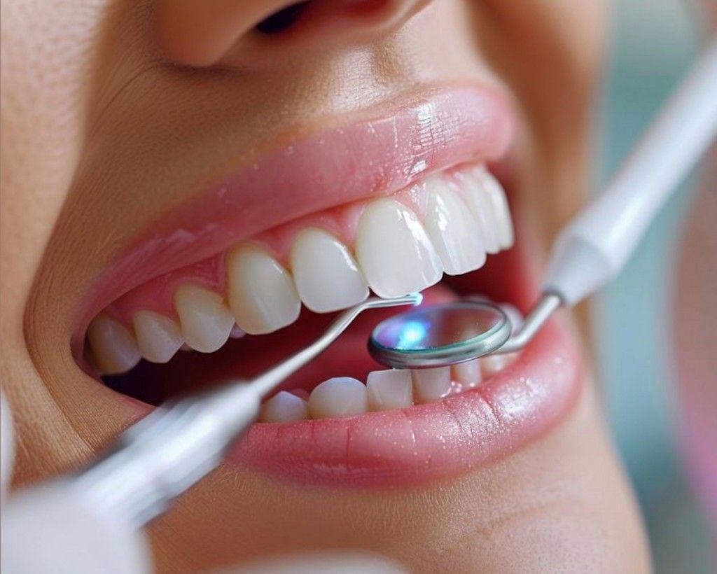 Close-up of a person’s mouth with dental tools examining clean, white teeth.