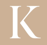 White capital letter K on a beige background.