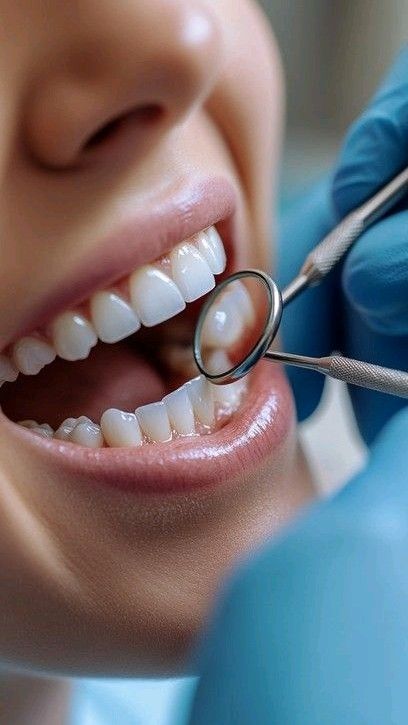Close-up of a dental checkup displaying clean white teeth and a dental mirror held by gloved hands.