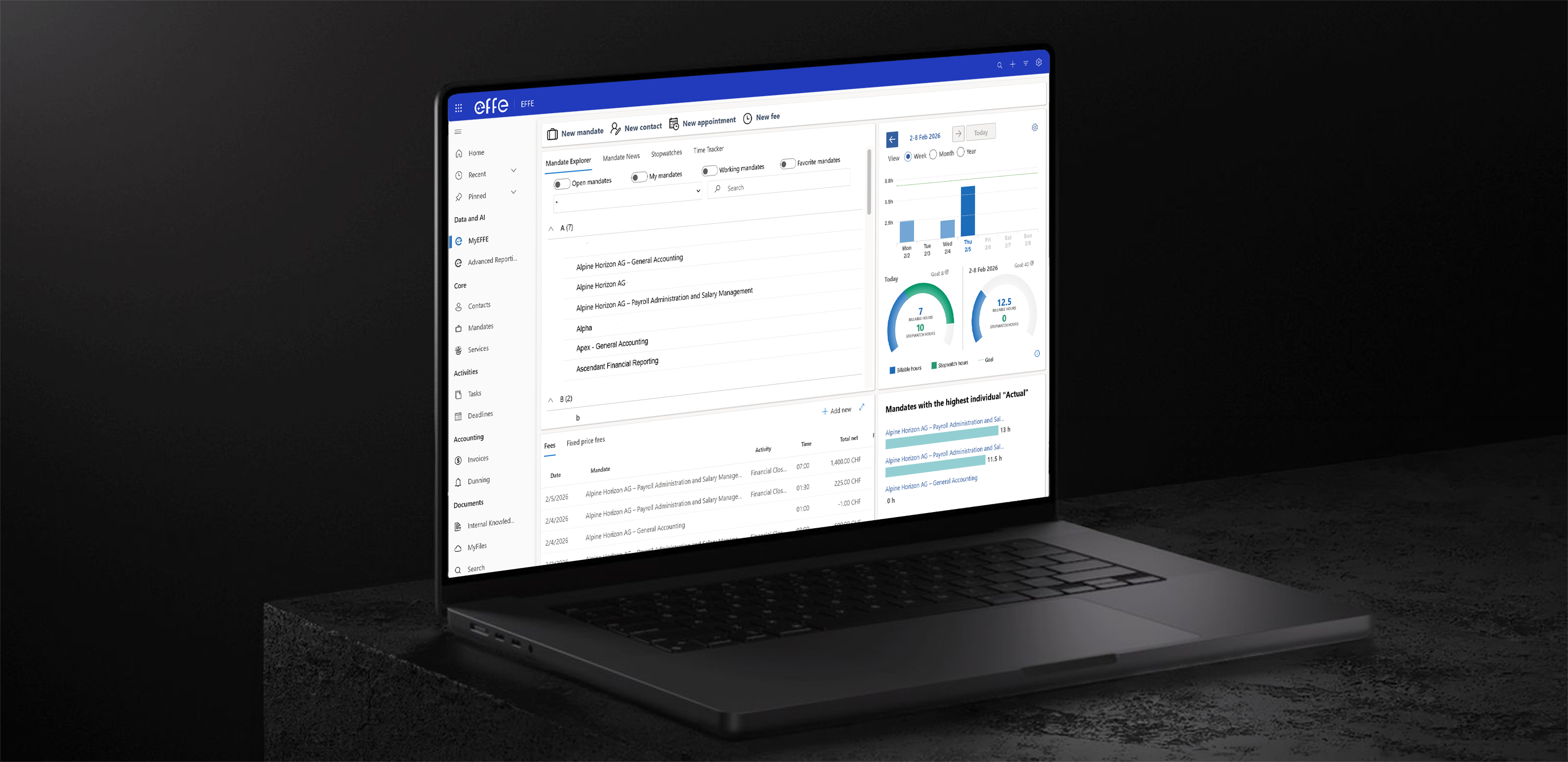 Laptop showing EFFE software interface with mandate explorer, timesheets, and activity tracking.