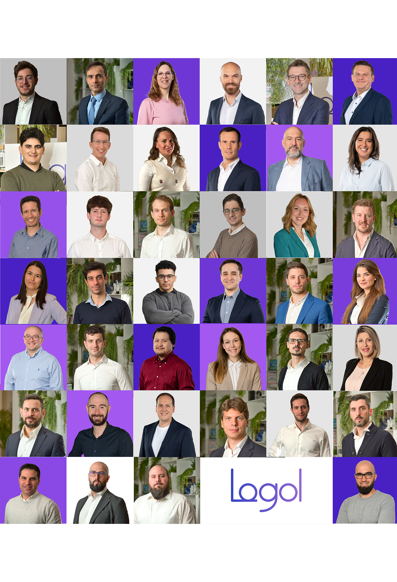 Grid of 35 diverse professionals in business attire with alternating plain and plant backgrounds, plus a logo.