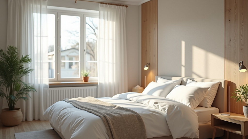Wide angle view of a comfortable bedroom with clean bedding