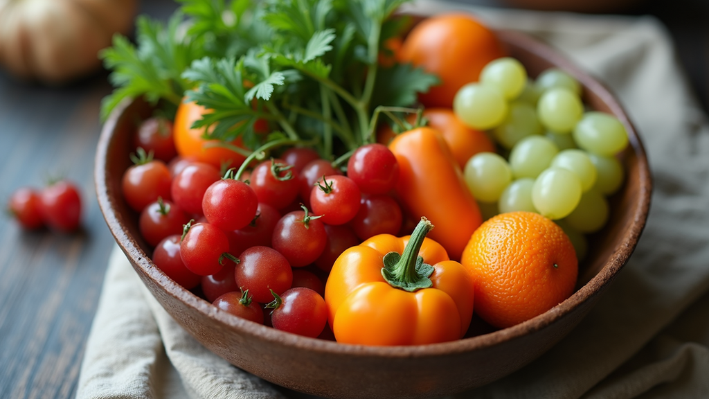High angle view of a bowl filled with fresh fruits and vegetables