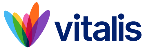 Vitalis brand name with a colorful abstract petal-style logo to the left.