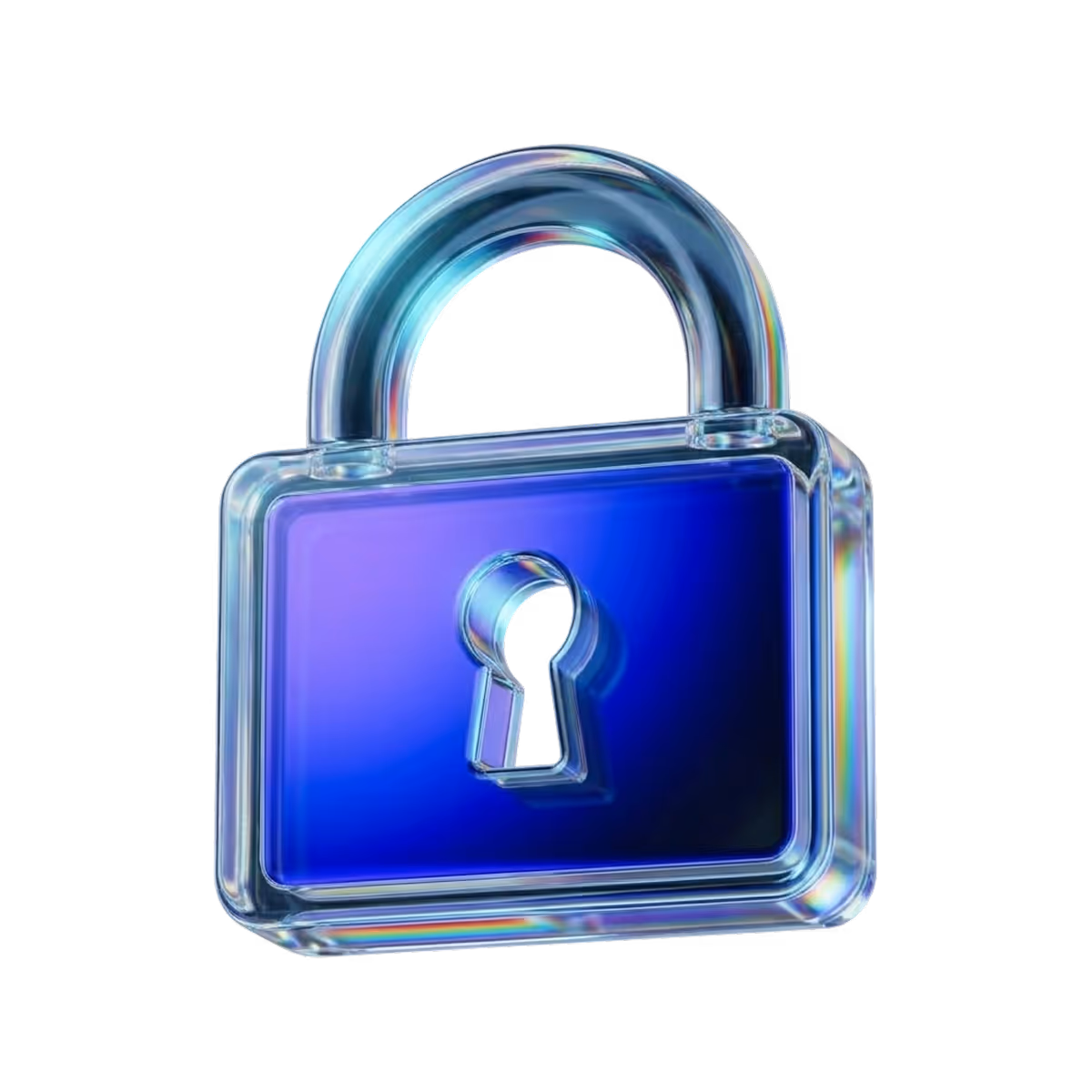 Blue translucent padlock icon with a keyhole symbol in the center.