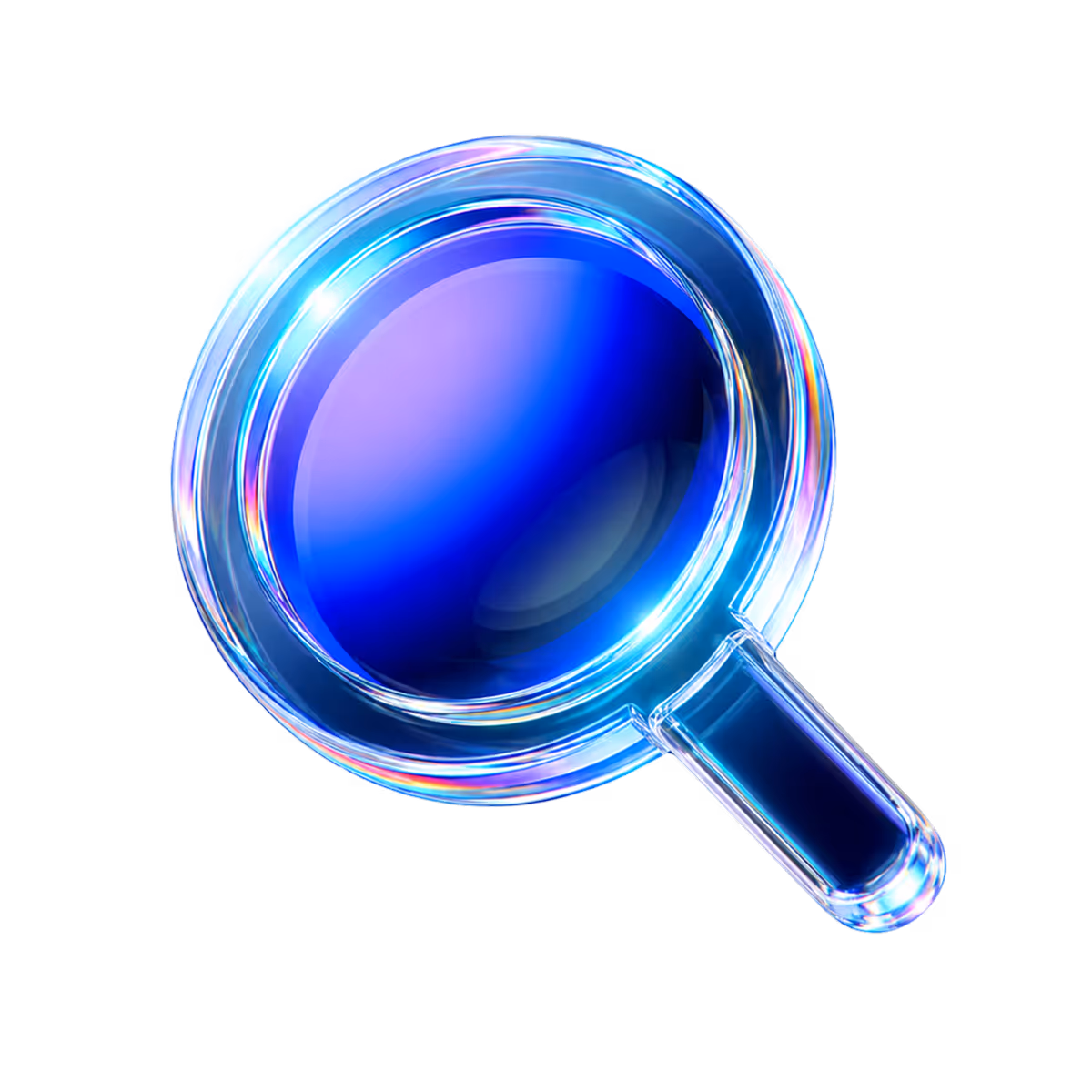 Shiny glass magnifying glass with a blue lens on a black background.