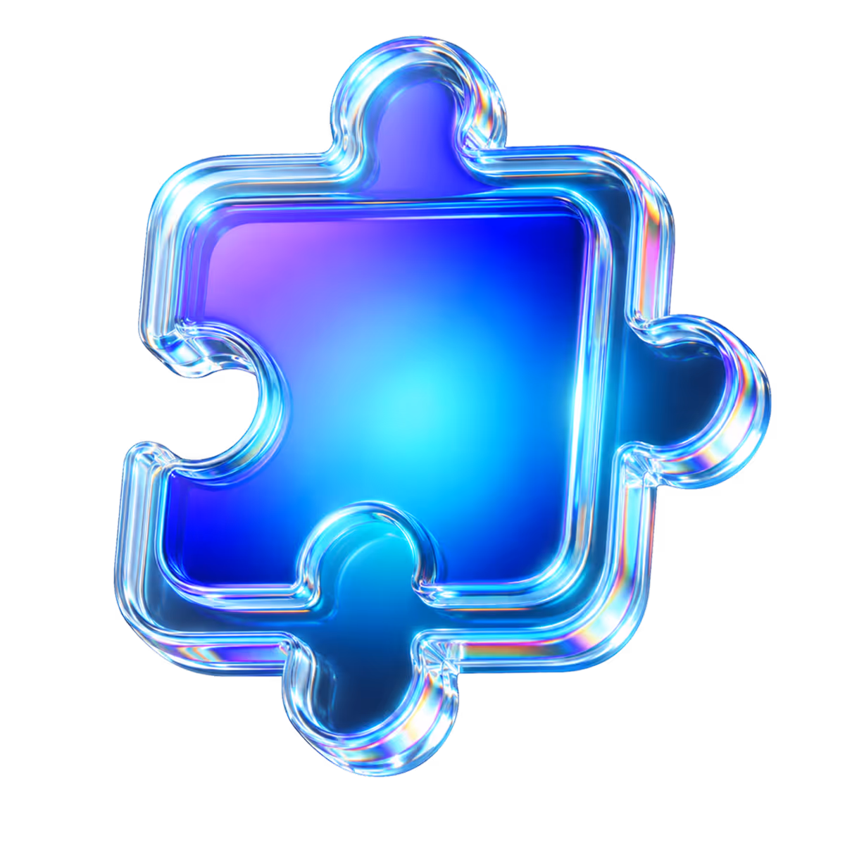 Glossy blue puzzle piece with translucent, iridescent edges on black background.