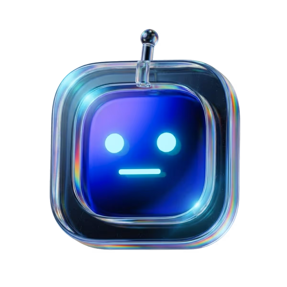 Blue glowing robot face with two round eyes and a horizontal line mouth inside a transparent rounded square frame.