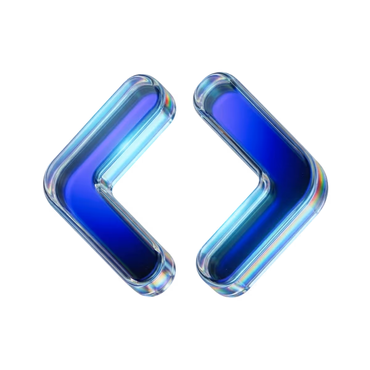 3D glossy blue left and right angle brackets on black background.