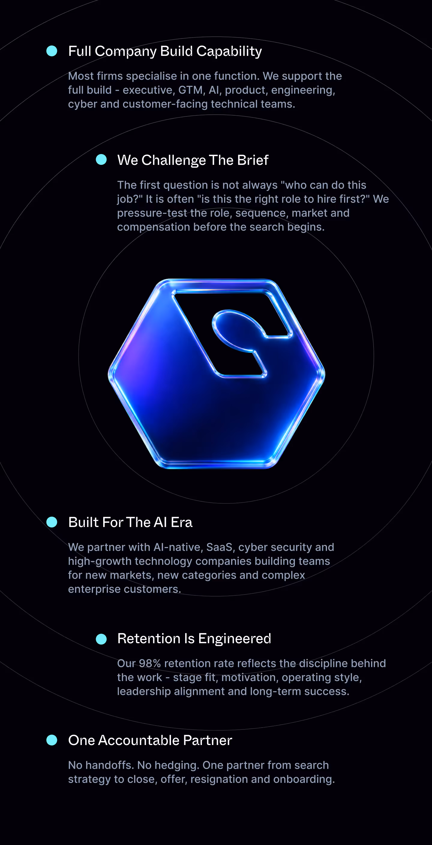Hexagon with a stylized G in blue glow surrounded by business service points with brief explanations.