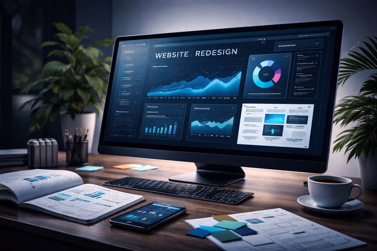 Computer screen with "Website Rebuild" and a dashboard with uptrending graphs on a work desk.