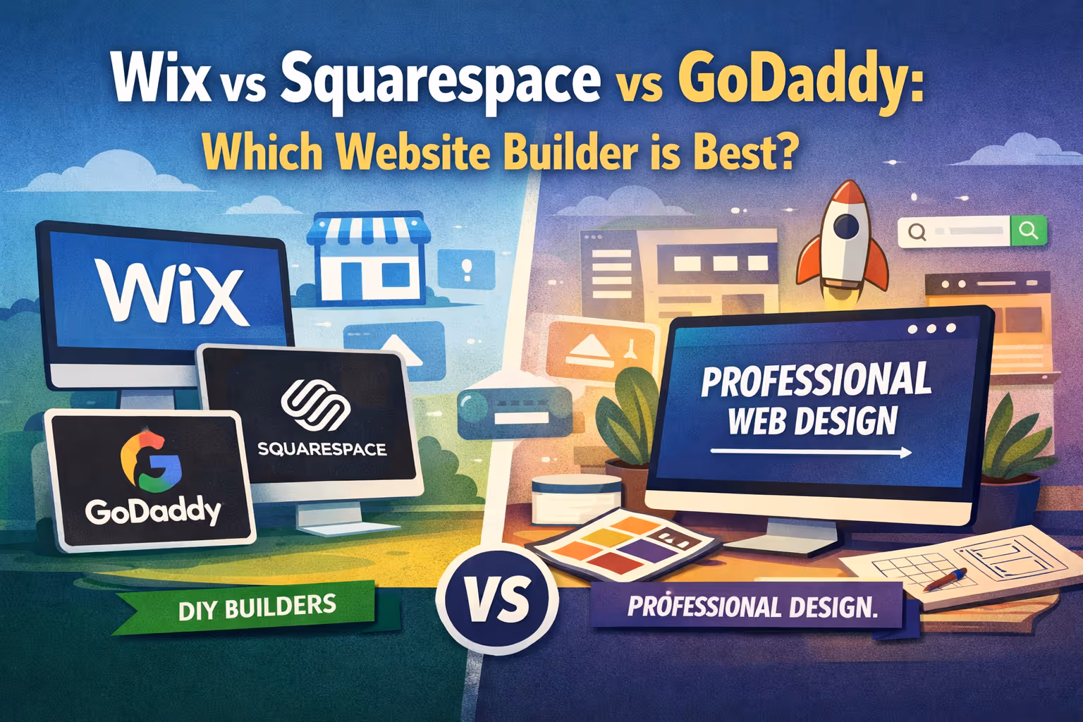 Comparison illustration showing Wix, Squarespace, and GoDaddy DIY website builders versus professional web design, highlighting the difference between basic templates and high-performing custom websites.
