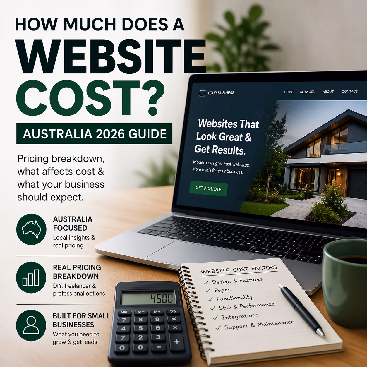 Illustration of small business website design cost in Australia with laptop, calculator and pricing breakdown concept