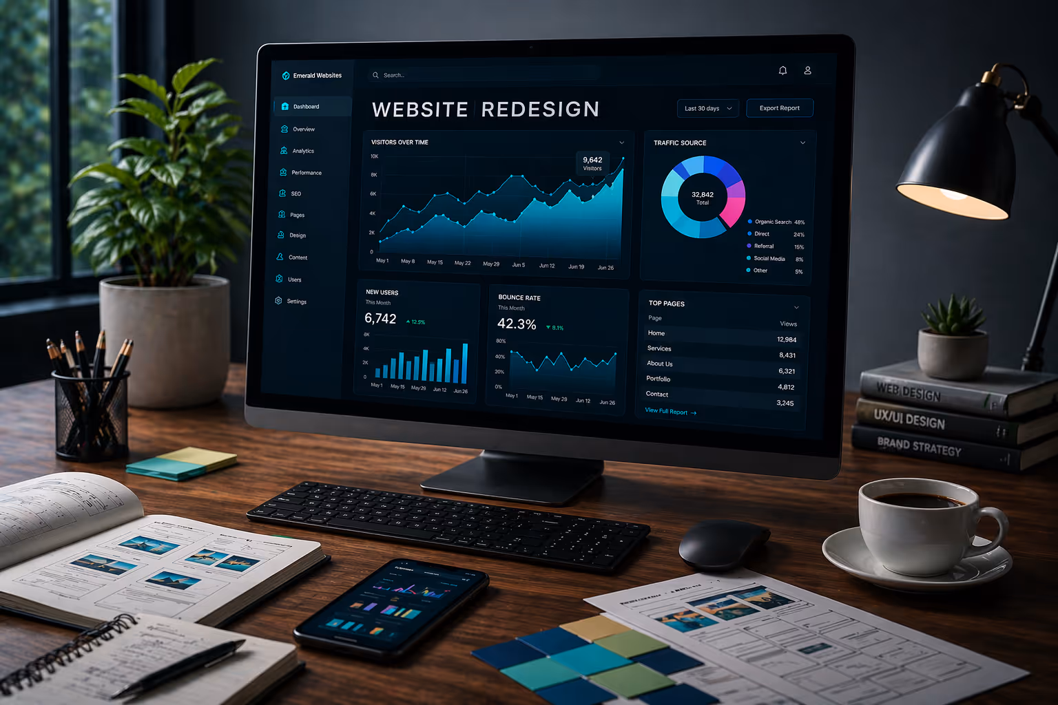 Computer screen with "Website Rebuild" and a dashboard with uptrending graphs on a work desk.
