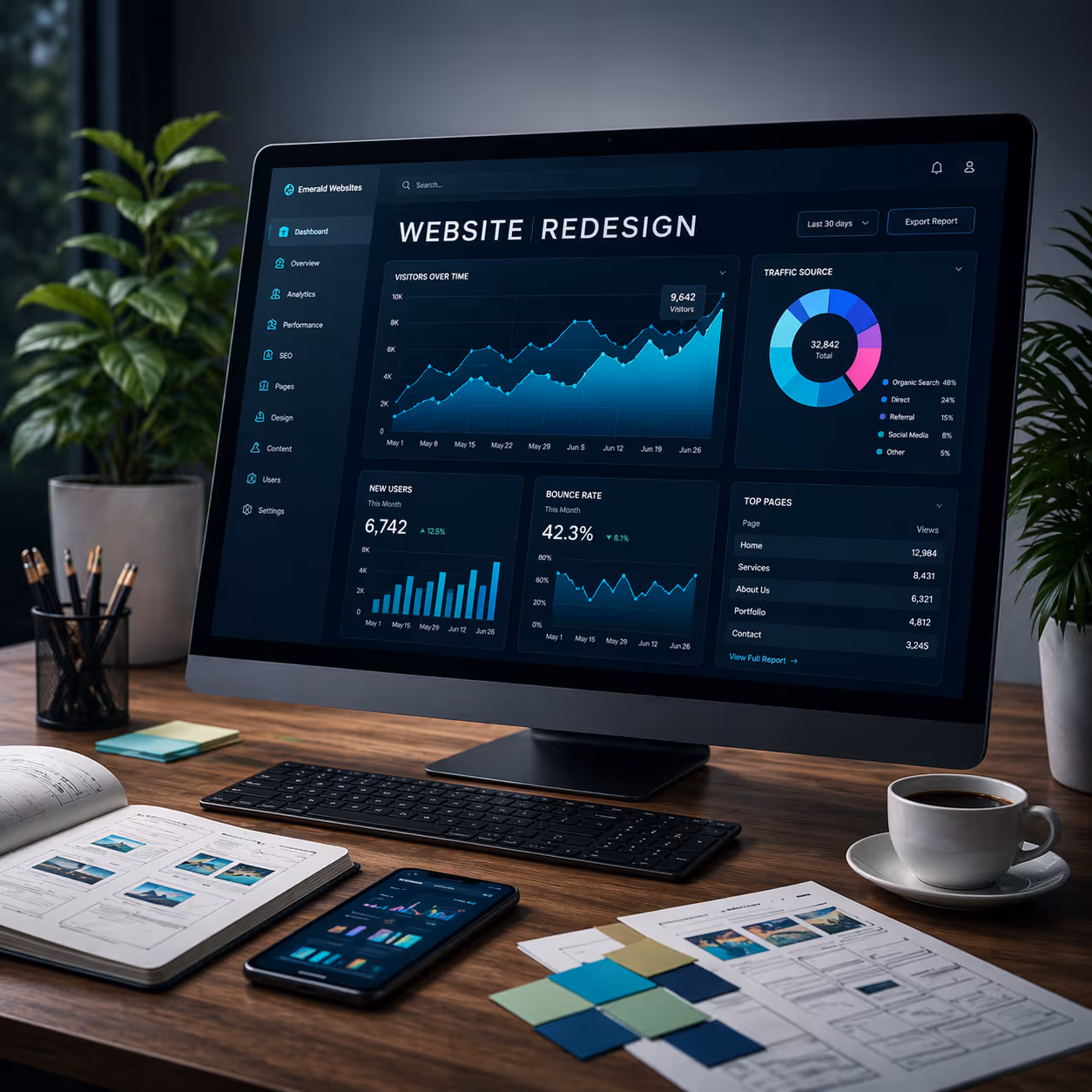 Computer screen with "Website Rebuild" and a dashboard with uptrending graphs on a work desk.