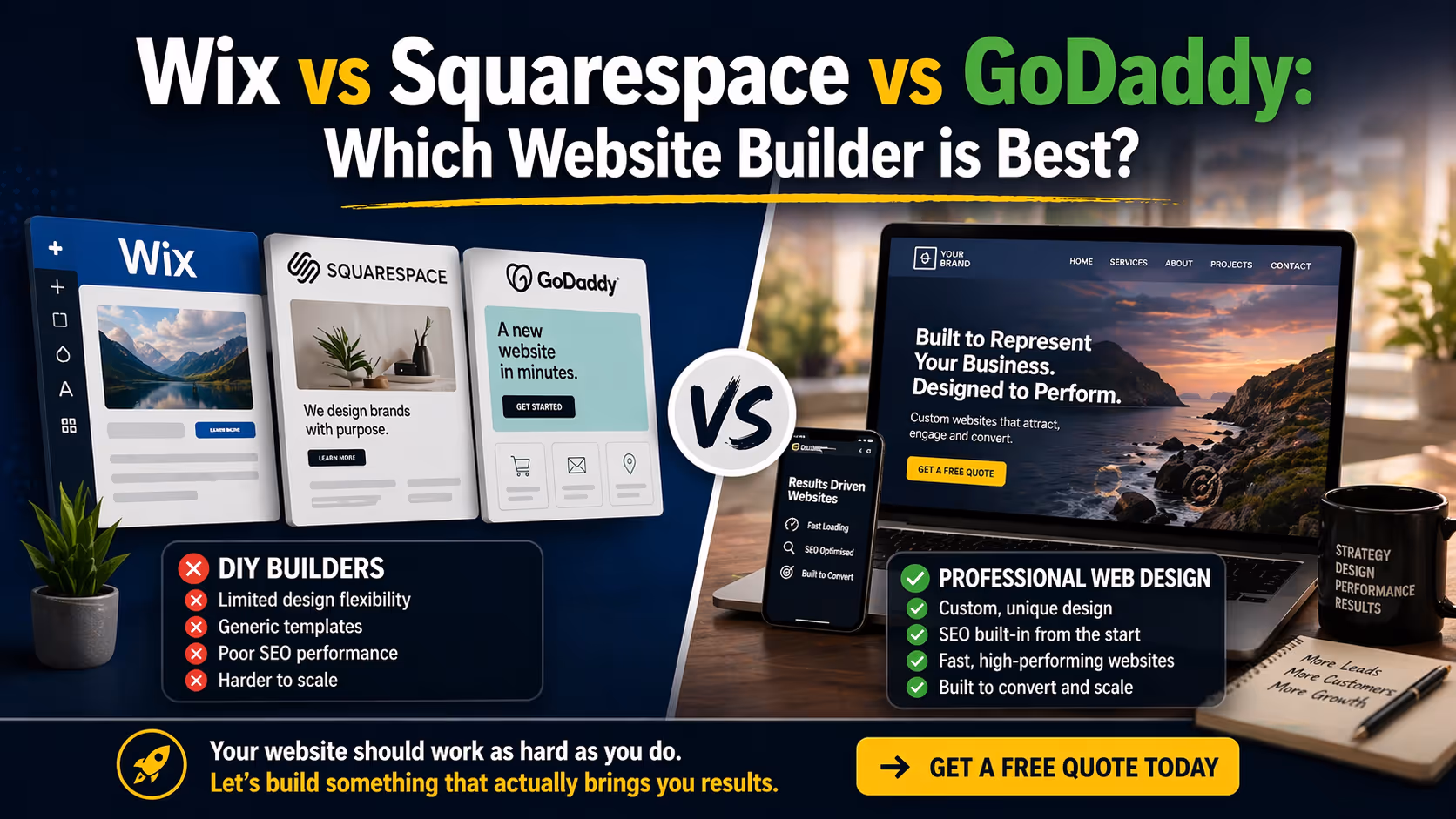 Comparison illustration showing Wix, Squarespace, and GoDaddy DIY website builders versus professional web design, highlighting the difference between basic templates and high-performing custom websites.
