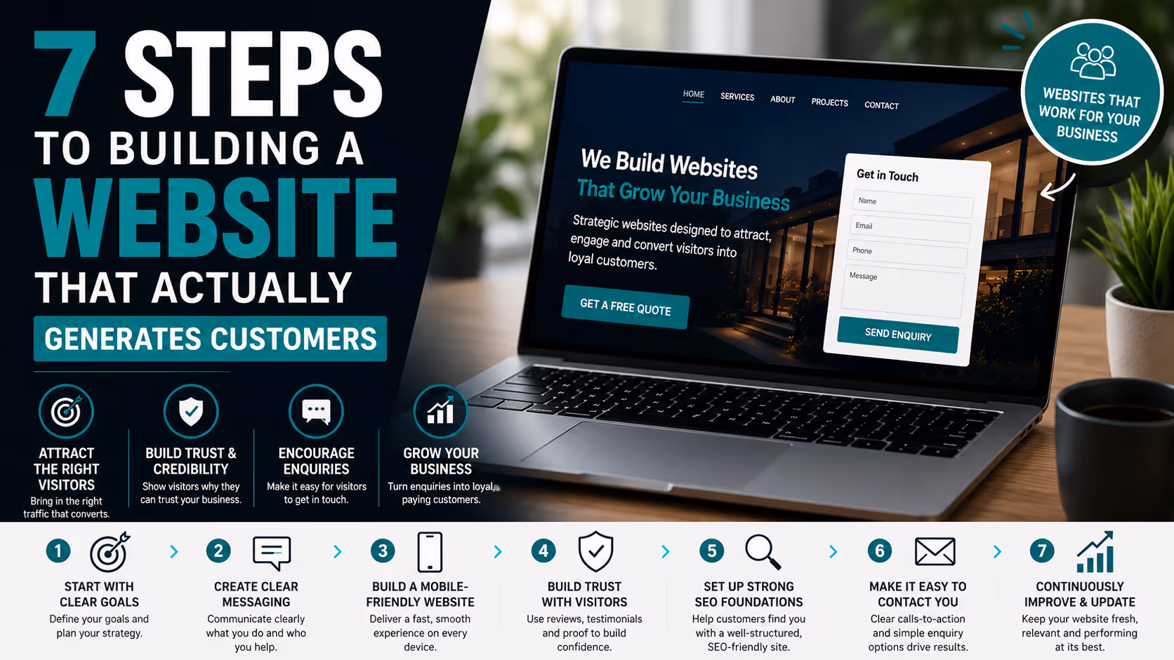Modern marketing graphic for a web design article titled “7 Steps to Building a Website That Actually Generates Customers,” featuring a laptop with a business website mockup, enquiry form, and icons representing SEO, trust, mobile optimisation, and custome