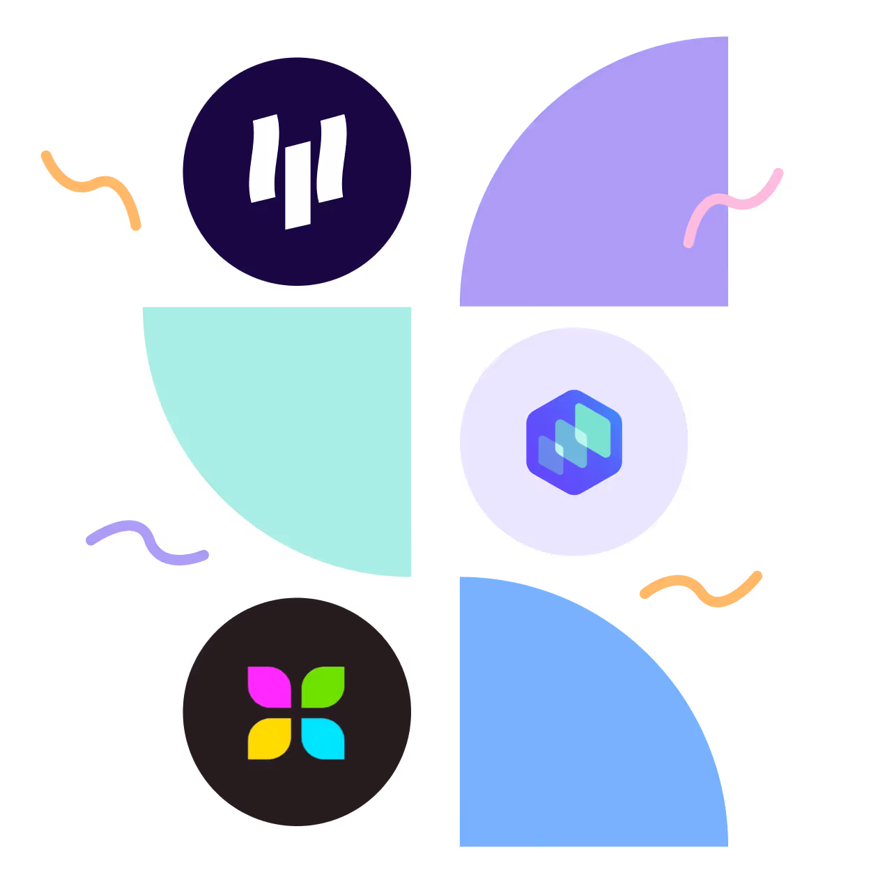 Illustration featuring AI and automation platform logos with abstract geometric shapes and colorful decorative elements representing connected tools and integrations