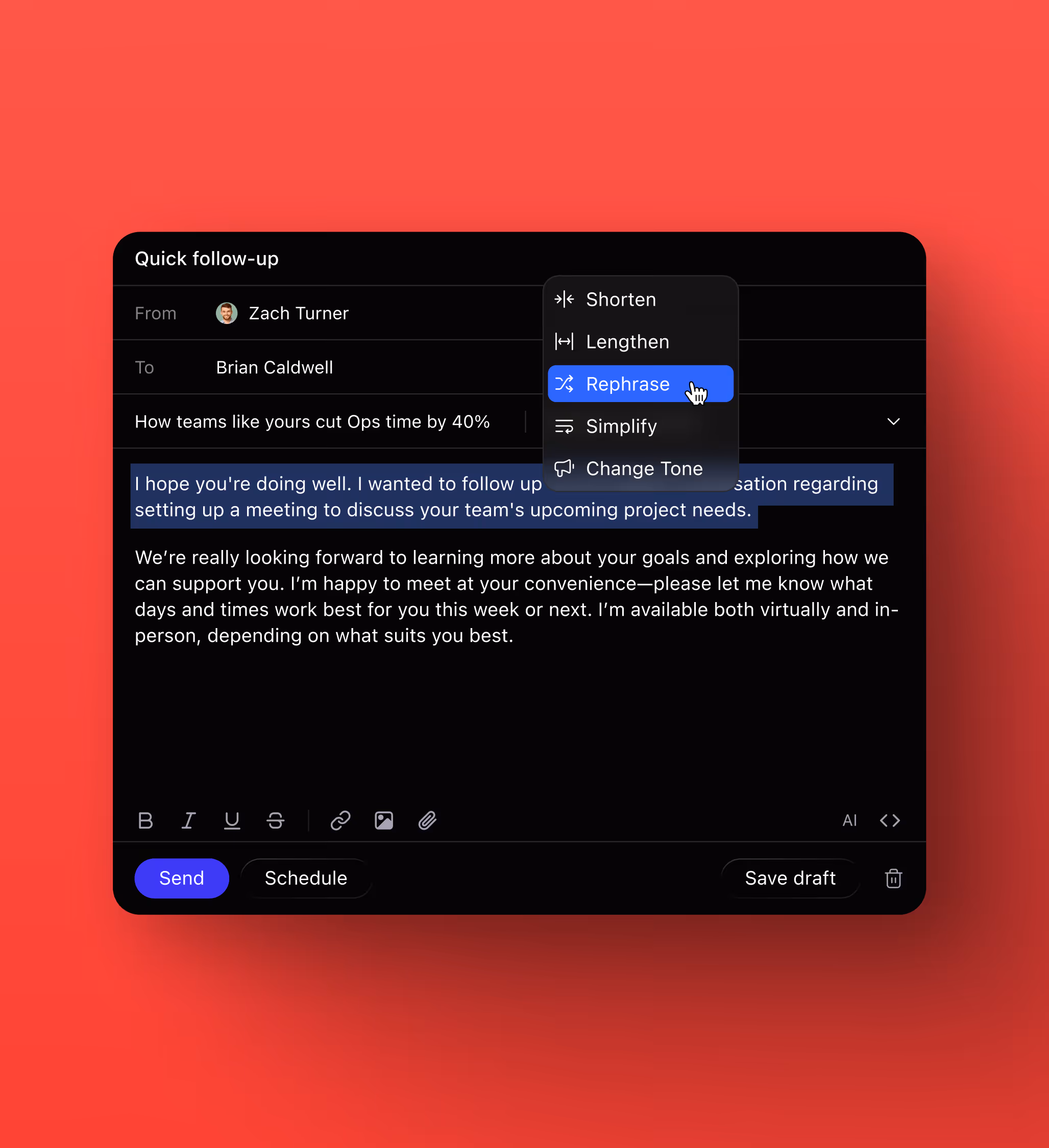 UI design featuring AI email rewrite in Close CRM.
