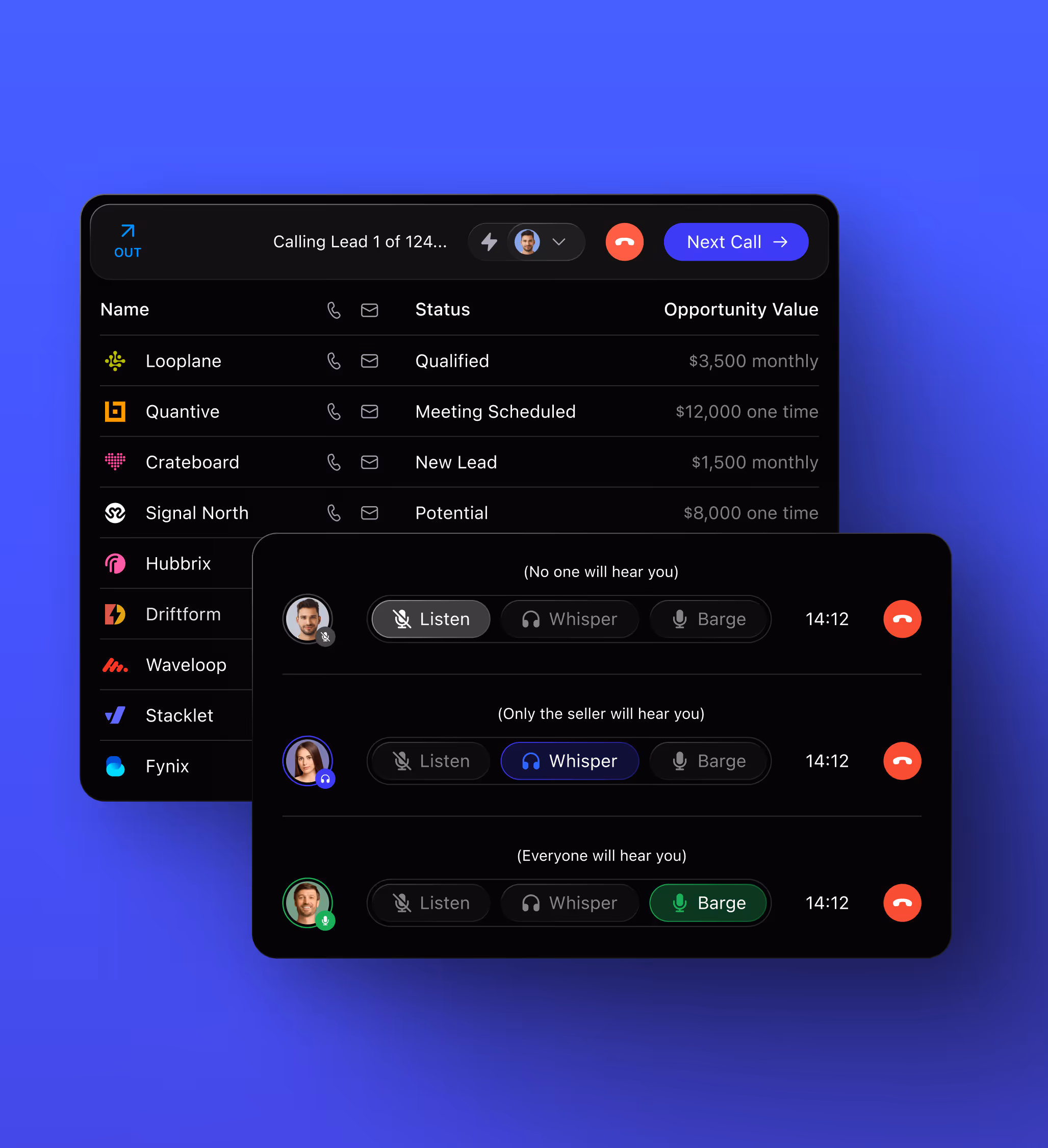 UI design featuring Call Coaching feature in Close CRM.
