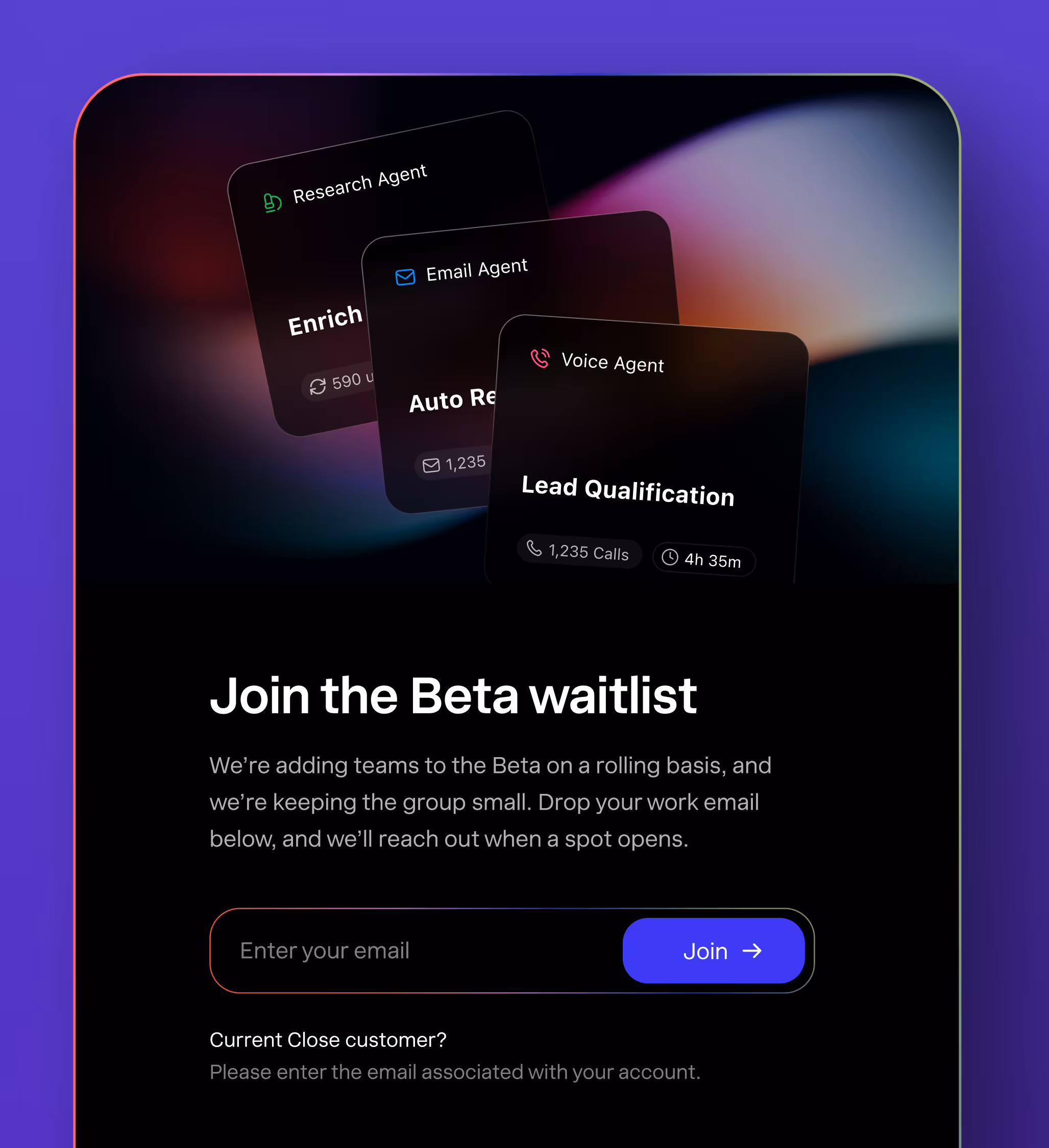 Design for Chloe Beta CTA banner on Close website.