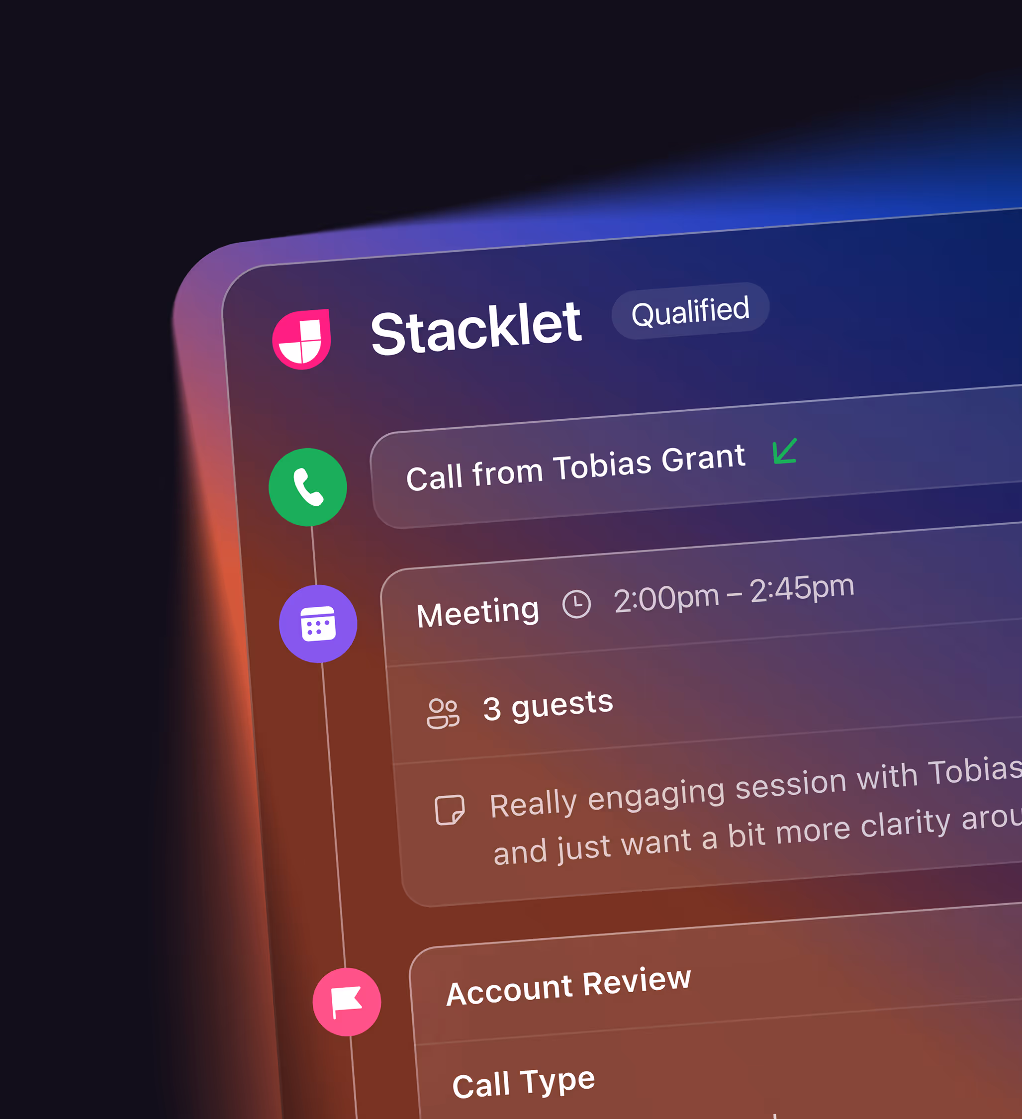 UI design of a lead profile in Close CRM.