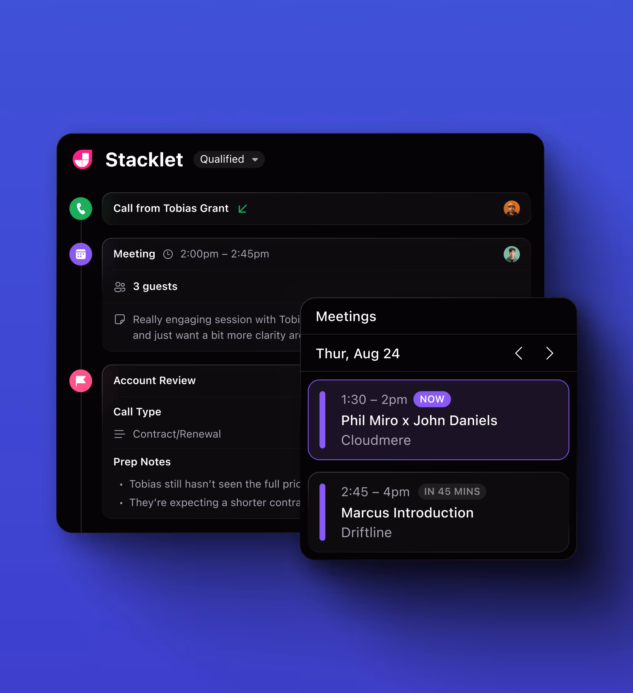 UI design featuring meeting reminders in Close CRM.