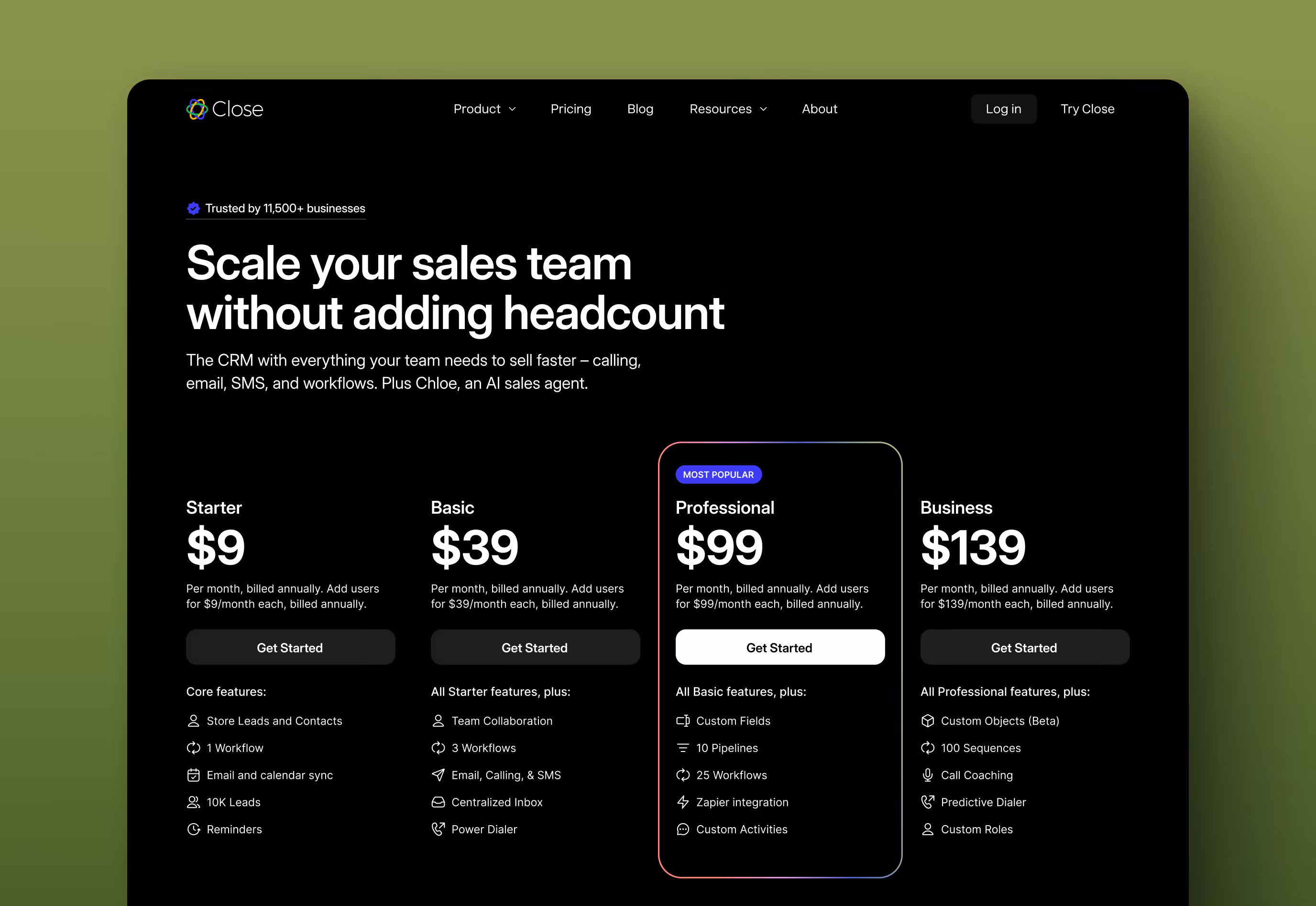 Webpage design of Pricing page on Close website.