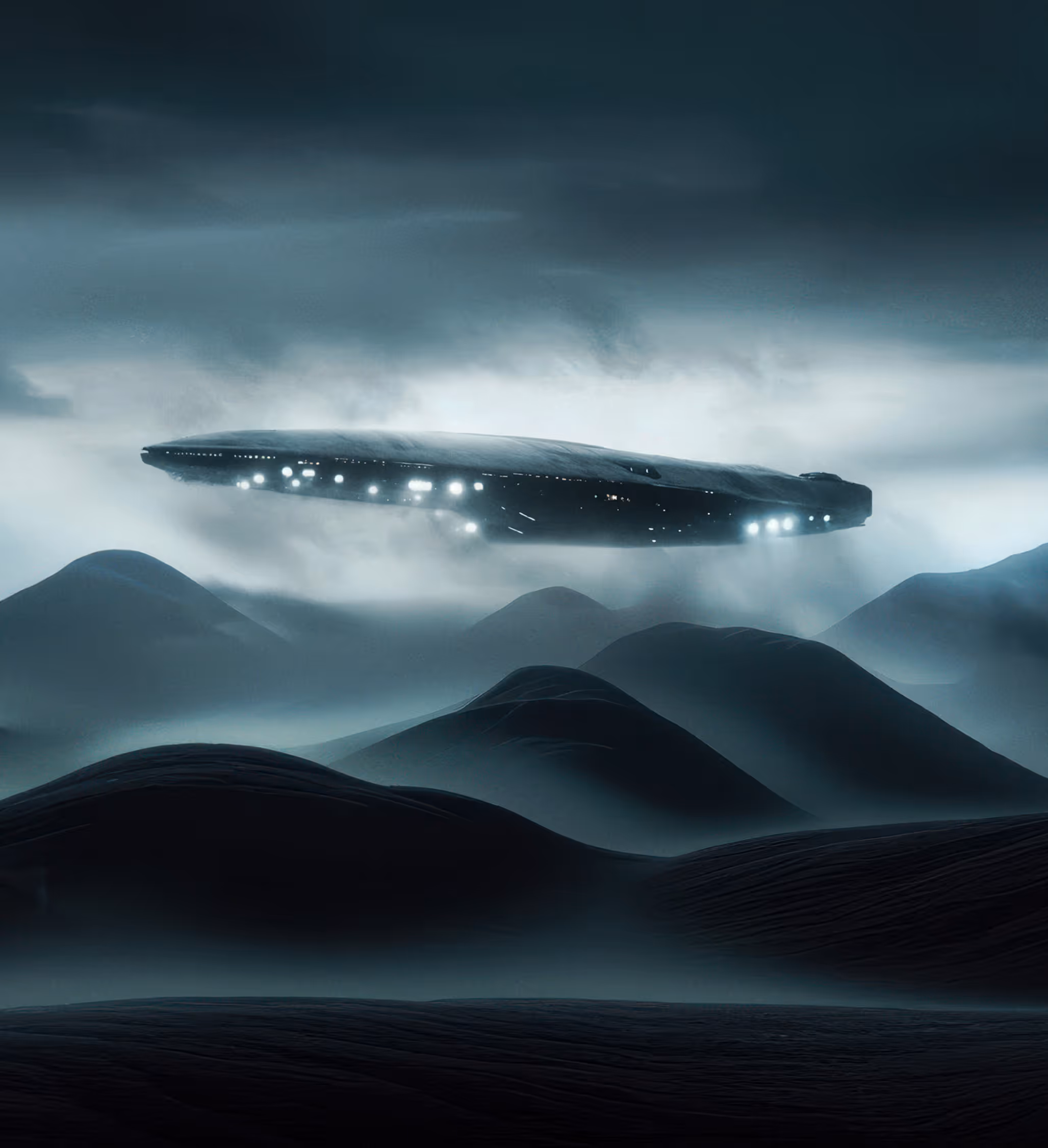 Matte painting of an alien landscape with a spaceship descending through the clouds.