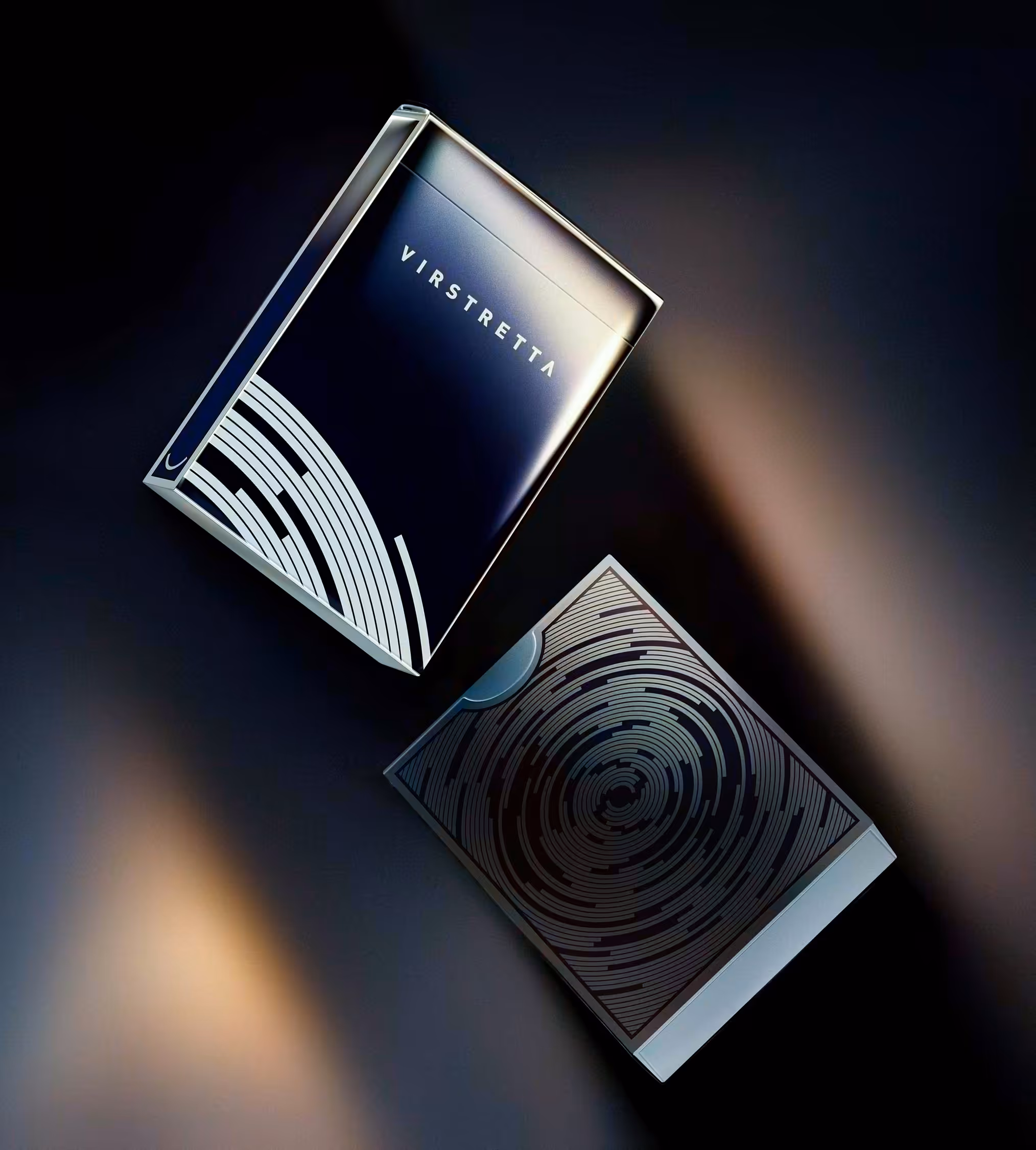 3D render of two floating Virstretta playing card decks.