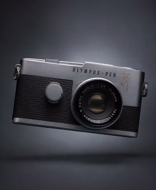 Product render of vintage Olympus-Pen camera
