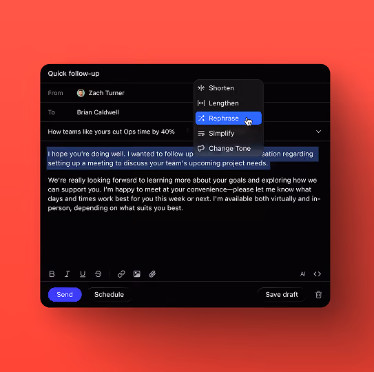 UI design featuring AI email rewrite in Close CRM.