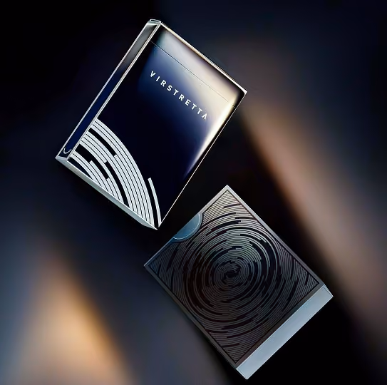 3D render of two floating Virstretta playing card decks.