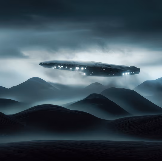 Matte painting of an alien landscape with a spaceship descending through the clouds.