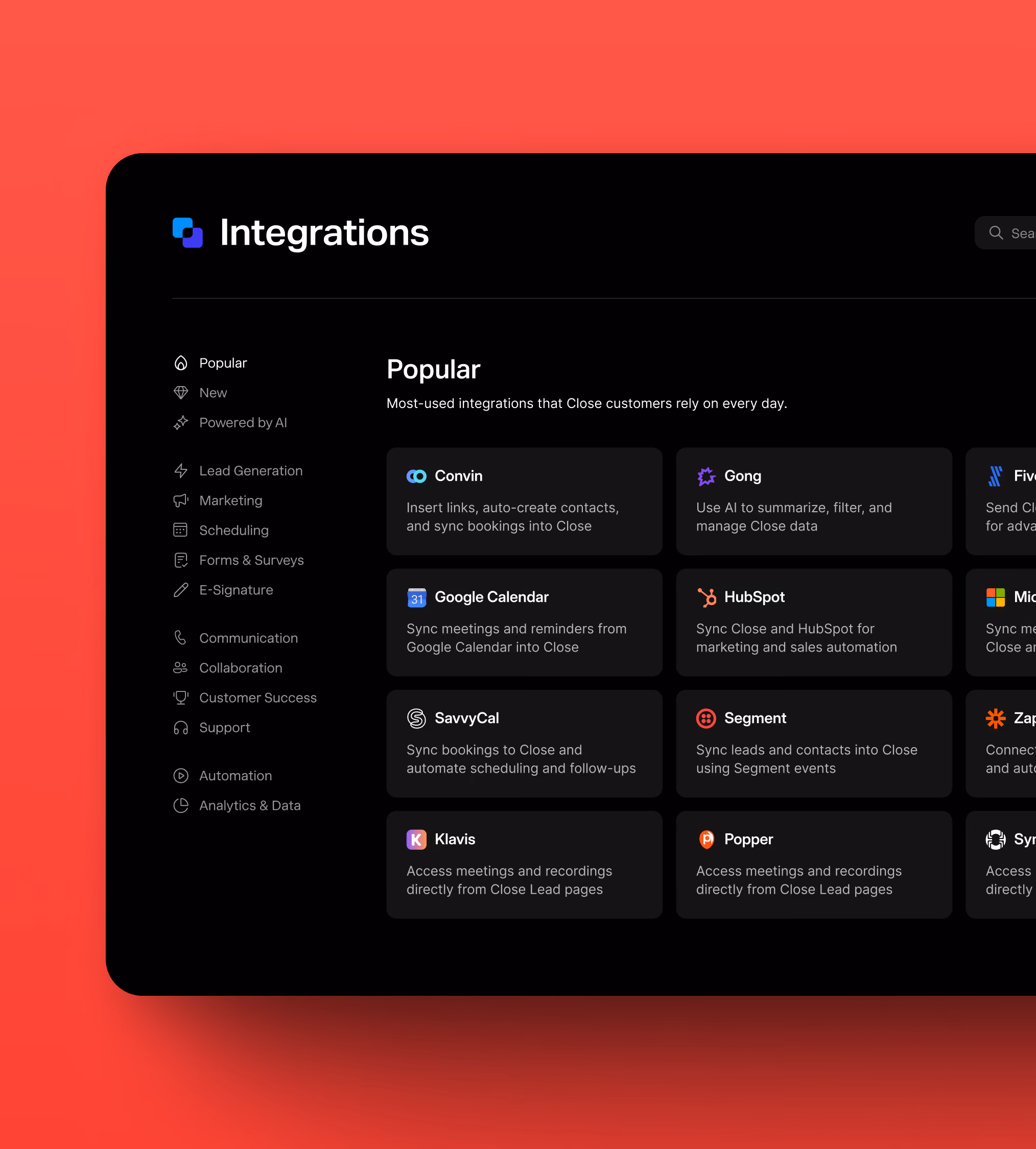 Web page design for Close Integrations.