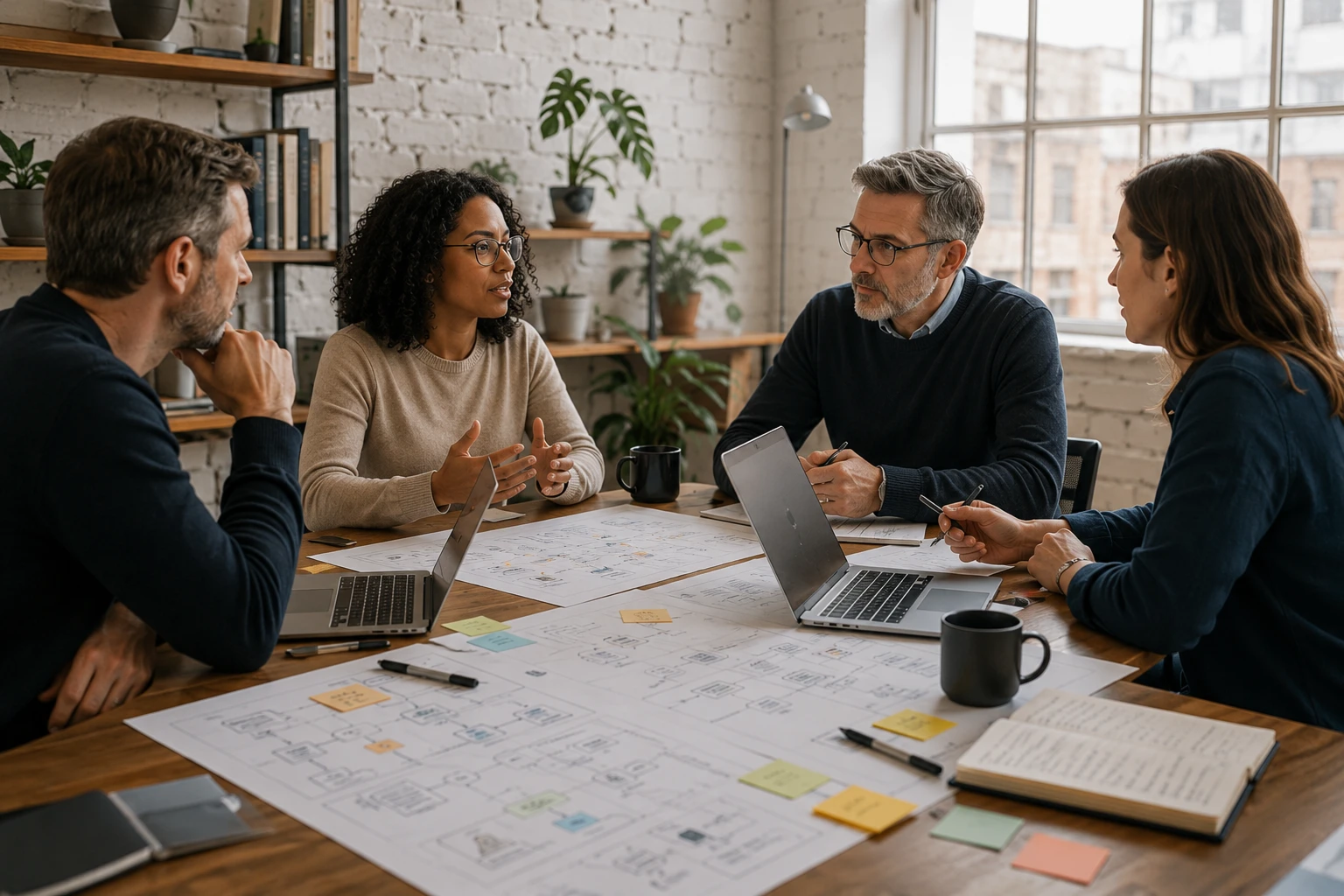 Four team members collaborating around a table with laptops, sticky notes, and a hand-drawn architecture diagram during a project planning session